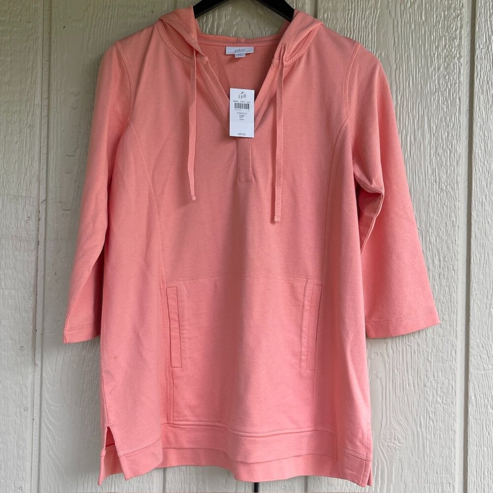 J Jill Fit Hooded Sweatshirt Solid Orange Pockets 3/4 Sleeve Pullover, Size SP